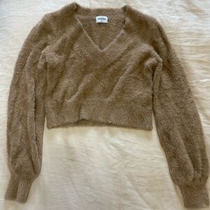 Sunday Best Tan Fuzzy V-Neck Sweater